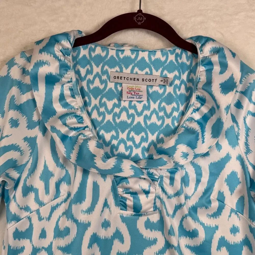 Gretchen Scott Dress S Blue White Ikat Print Ruffle Neck 3/4 Sleeve Stretch